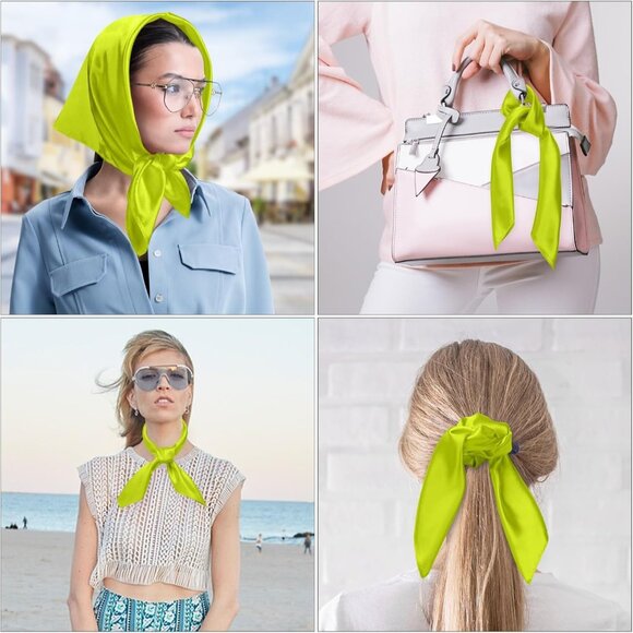 Women's Green Silk Feeling Scarf 23.6'' Square Satin Scarf Neck Head Bandana - Picture 7 of 7